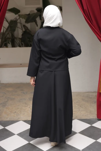 Siyah Yandan Bağlamalı Dabıl Kimono Etekli Takım