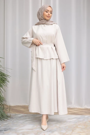 Taş Gizli Düğmeli Bel Kuşaklı Gömlek Etekli Takım