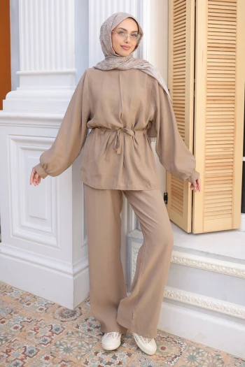 Vizon Bel Bağlamalı Tunik Pantolonlu Takım