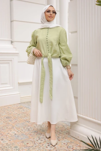 Yeşil Bel Bağlamalı Düğmeli Gömlek