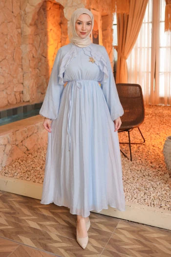 Bebe Mavi Bel Lastikli Fırfırlı Elbise