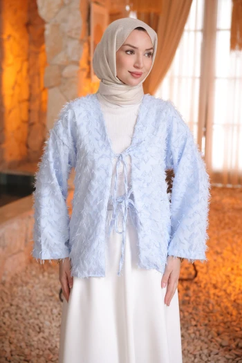 Bebe Mavi Ön Bağlamalı Püsküllü Kimono
