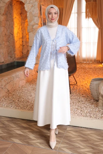 Bebe Mavi Ön Bağlamalı Püsküllü Kimono