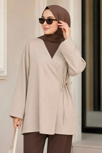 Bej Kruvaze Yaka Yandan Bağlamalı Oversize Yazlık Kimono Tunik