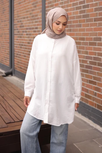 Beyaz Düğmeli Basic Salaş Tunik
