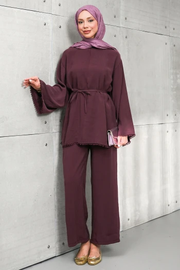 Bordo Bel Bağlamalı Tunik Pantolonlu Takım