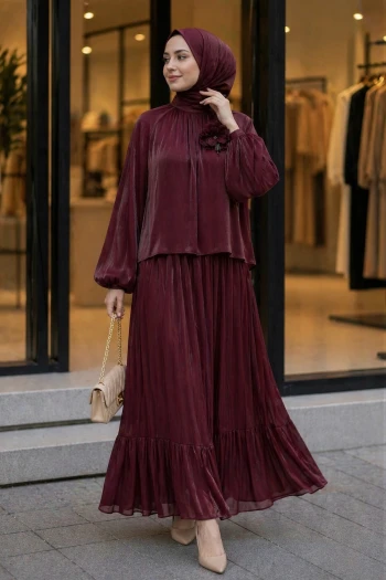 Bordo Kol Lastikli Bronş Detaylı Bluz Etekli Takım