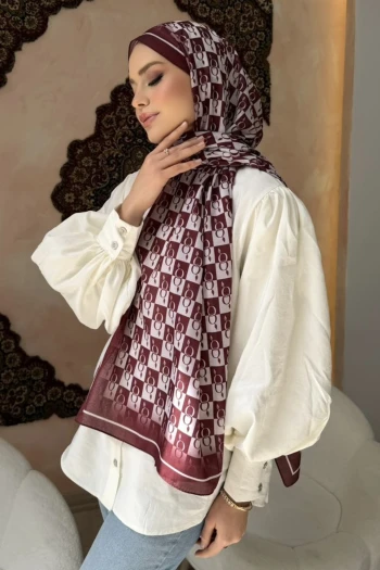 Bordo Monogram Desenli Soft Şal