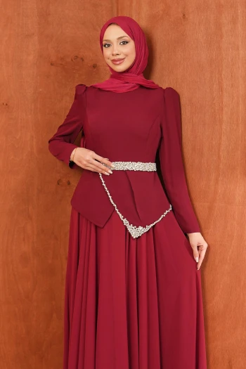 Bordo Taş Detaylı Kemerli Abiye