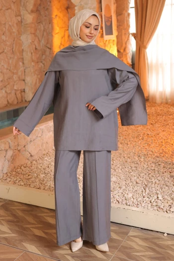 Füme Şal Detaylı Tunik Pantolonlu Takım