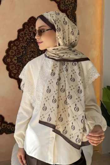 Haki Kahve Monogram Desenli Soft Şal