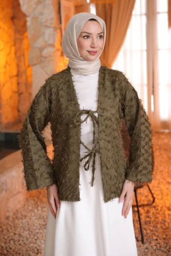 Haki Ön Bağlamalı Püsküllü Kimono