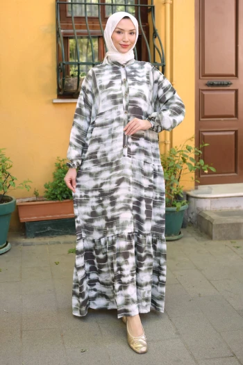 Haki Yarım Düğmeli Kol Lastikli Batik Desenli Viskon Elbise