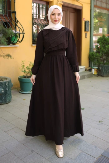 Kahverengi Fırfır Katlı Bel Lastikli Elbise
