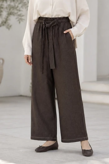 Kahverengi Kemerli Tencel Palazzo Pantolon