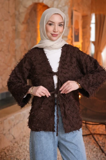 Kahverengi Ön Bağlamalı Püsküllü Kimono
