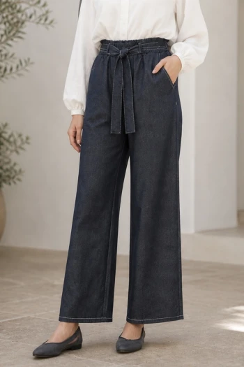 Lacivert Kemerli Tencel Palazzo Pantolon