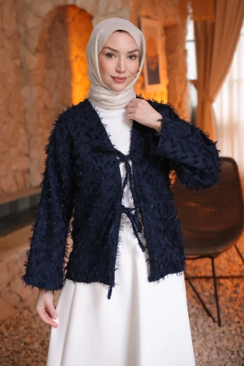 Lacivert Ön Bağlamalı Püsküllü Kimono