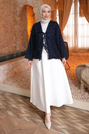 Lacivert Ön Bağlamalı Püsküllü Kimono