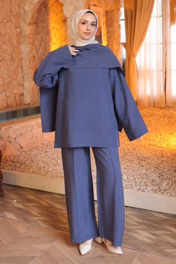Lacivert Şal Detaylı Tunik Pantolonlu Takım