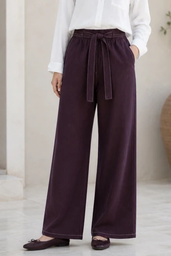 Mürdüm Kemerli Tencel Palazzo Pantolon
