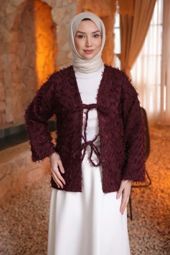 Mürdüm Ön Bağlamalı Püsküllü Kimono