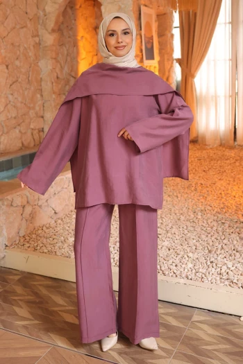 Mürdüm Şal Detaylı Tunik Pantolonlu Takım