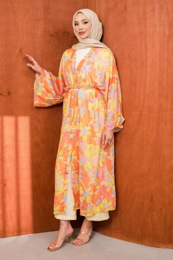 Oranj Bel Bağlamalı Desenli Uzun Salaş Kimono