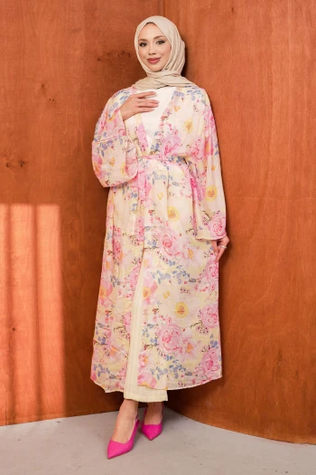 Pembe Bel Bağlamalı Desenli Uzun Salaş Kimono