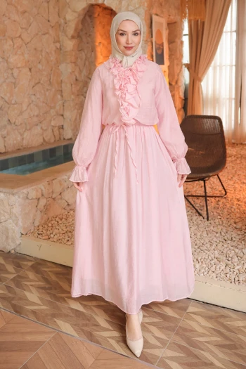 Pembe Bel Lastikli Fırfırlı Elbise