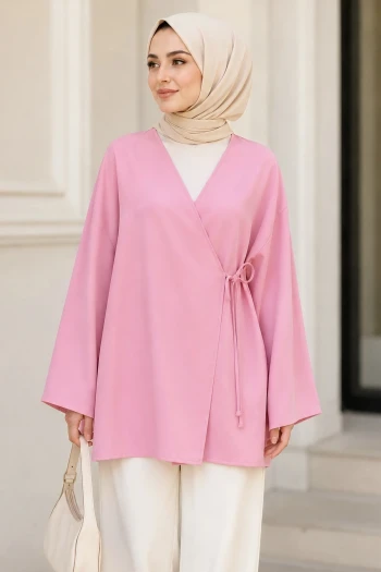 Pembe Kruvaze Yaka Yandan Bağlamalı Oversize Yazlık Kimono Tunik