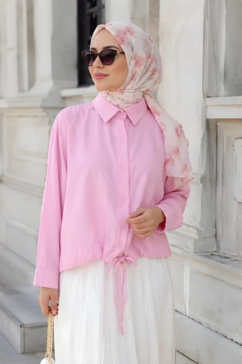 Pembe Omuz Büzgülü Modal Dokuma Gömlek