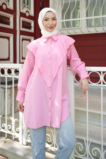 Pembe Ön Detaylı Kol Bağlamalı Tunik
