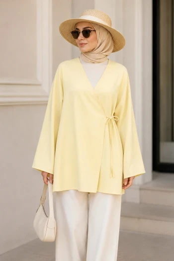 Sarı Kruvaze Yaka Yandan Bağlamalı Oversize Yazlık Kimono Tunik