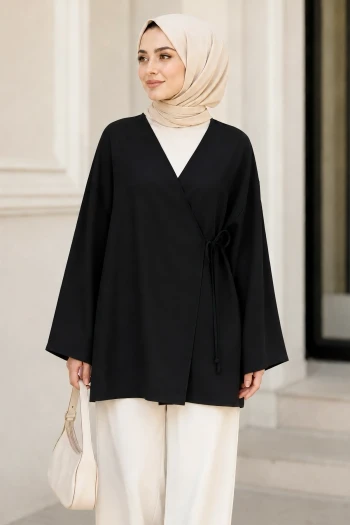 Siyah Kruvaze Yaka Yandan Bağlamalı Oversize Yazlık Kimono Tunik