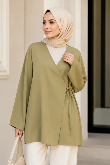 Yağ Yeşili Kruvaze Yaka Yandan Bağlamalı Oversize Yazlık Kimono Tunik