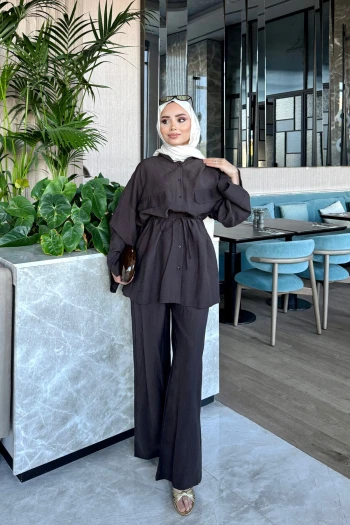 Acı Kahve Bel Bağlamalı Tunik Pantolonlu Takım
