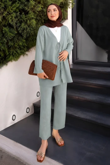 Açık Mint Ön Bağlamalı Bürümcük Kimono Pantolonlu Takım