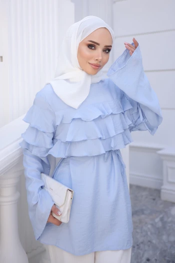 Bebe Mavi Bel Bağlamalı Katlı Gömlek