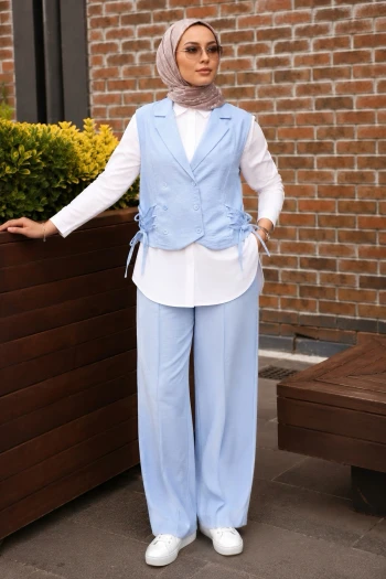 Bebe Mavi Düğmeli Yelek Pantolonlu Takım