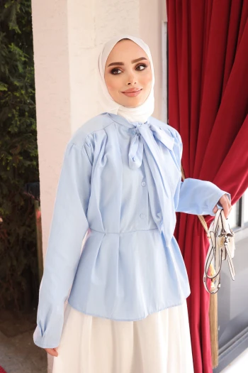 Bebe Mavi Yaka Bağlamalı Pileli Gömlek