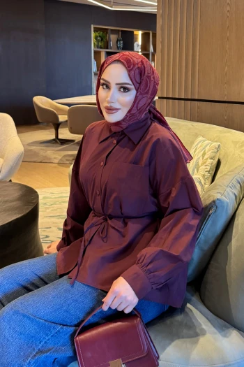 Bordo Bel Bağlamalı Düğmeli Gömlek