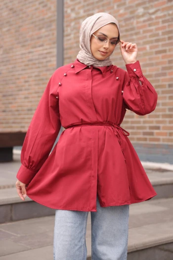 Bordo Bel Bağlamalı Tunik