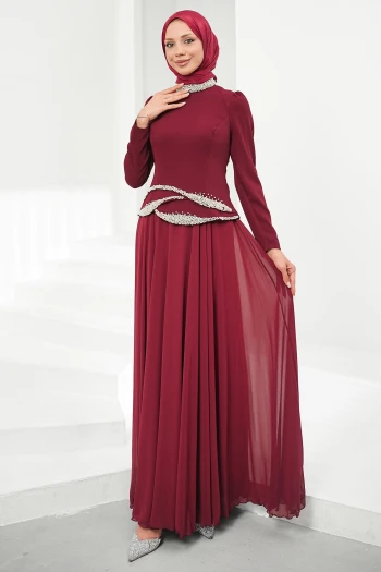 Bordo İnci İşlemeli Abiye