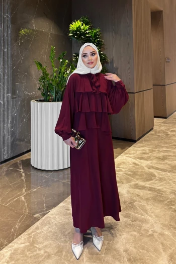Bordo Yaka Bağlamalı Katlı Etekli Takım