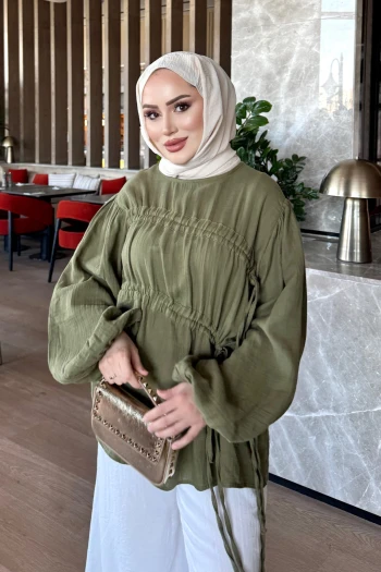 Haki Bağcık Detaylı Balon Kol Müslin Tunik
