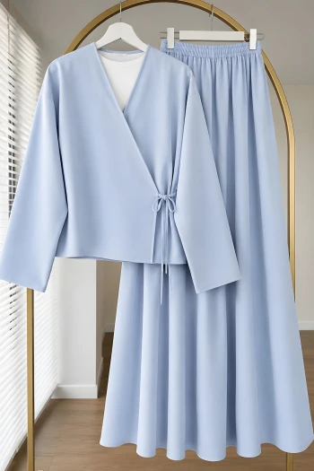 Mavi Yandan Bağlamalı Dabıl Kimono Etekli Takım
