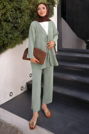 Mint Yeşili Ön Bağlamalı Bürümcük Kimono Pantolonlu Takım
