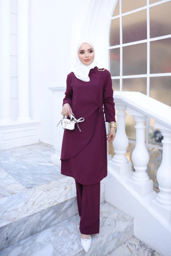 Mürdüm Bağlama Detaylı Tunik Pantolonlu Takım