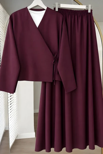 Mürdüm Yandan Bağlamalı Dabıl Kimono Etekli Takım
